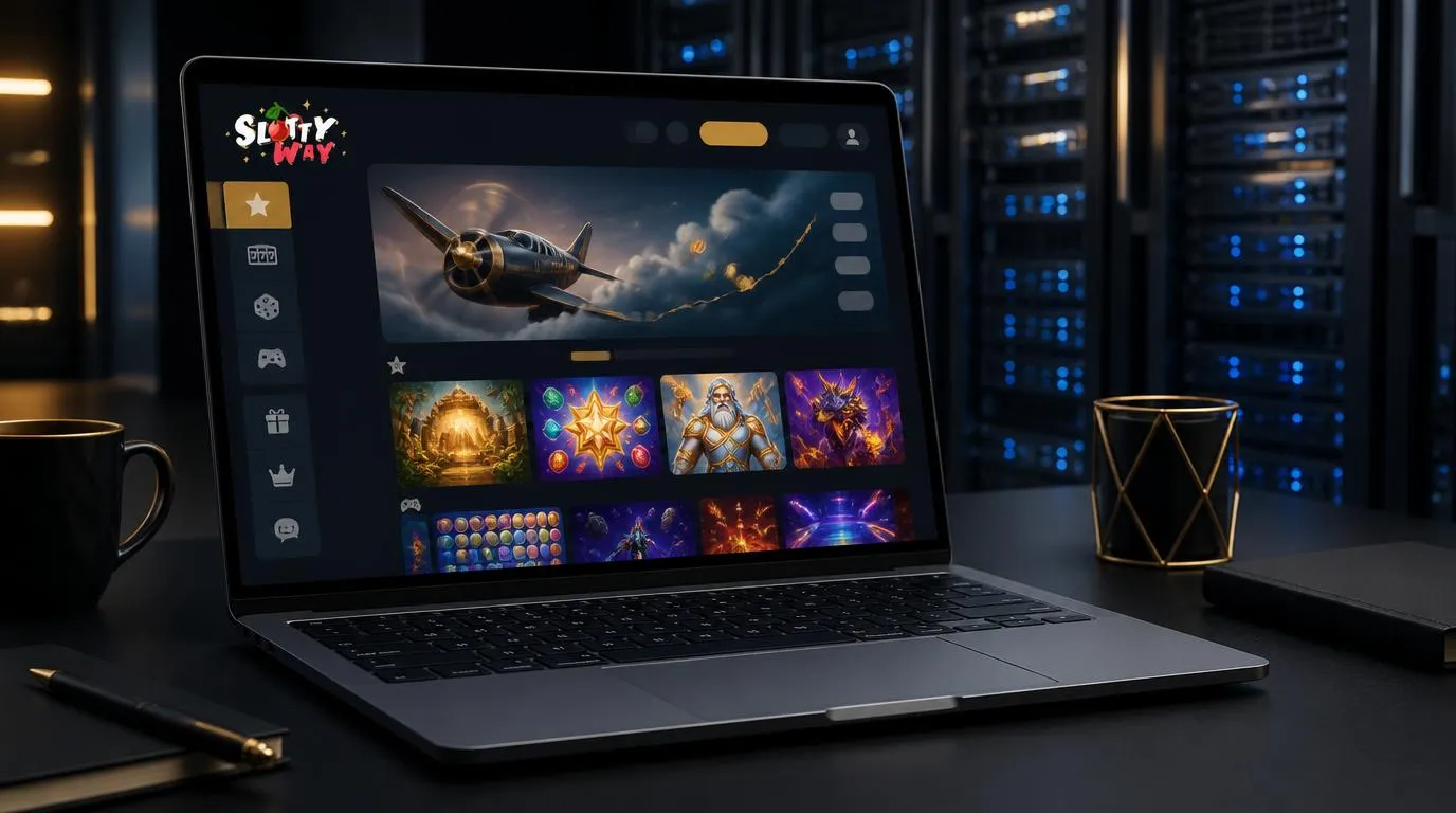 Laptop z katalogiem gier kasynowych i uporządkowanym interfejsem na tle nowoczesnej serwerowni