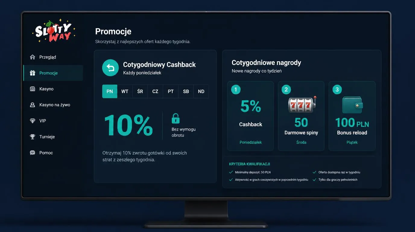 Panel promocji z cashbackiem 10% w poniedziałek oraz nagrodami tygodniowymi 5%, 50 spinów i 100 zł