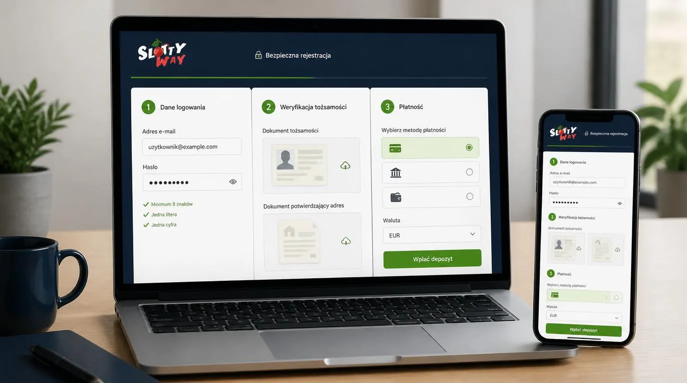 Ekrany rejestracji, weryfikacji dokumentów i pierwszej wpłaty na konto kasynowe