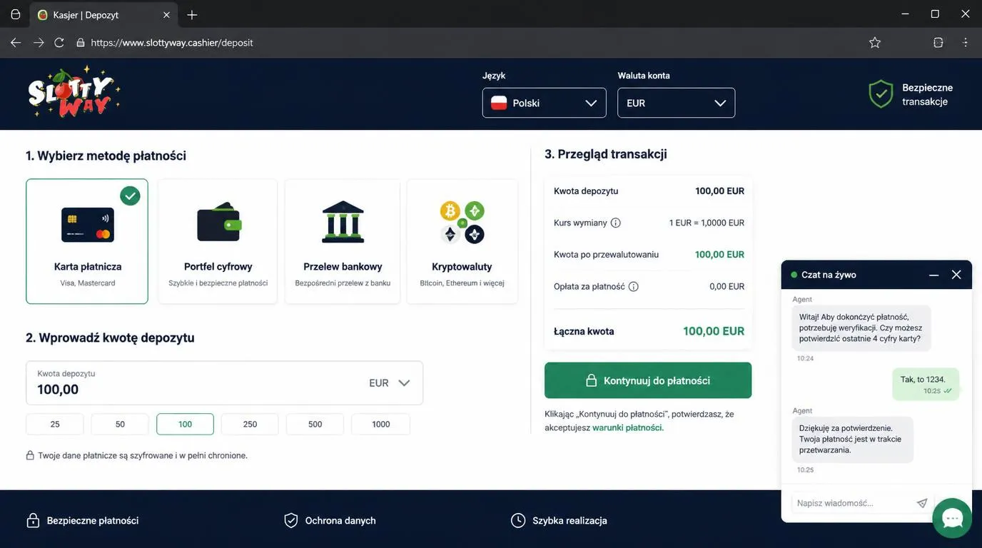 Panel kasy z wyborem języka polskiego, waluty EUR, metod płatności i przyciskiem czatu